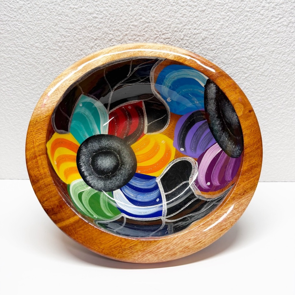 Vintage Hand Painted Floral Lacquered Mexico Folk Art Wood Bowl